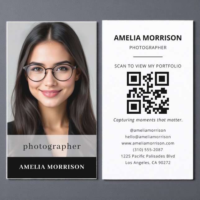 Black White Photographer QR Code Photo Modern Business Card (Creator Uploaded)