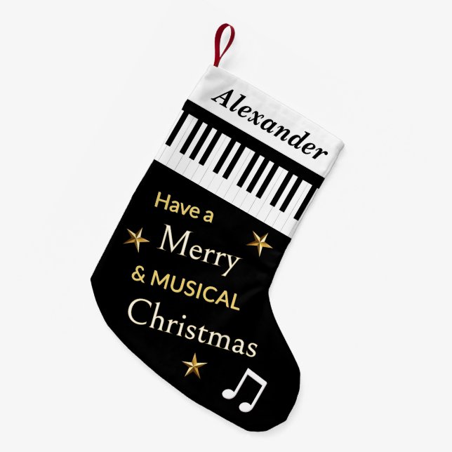 Black & White Piano Keys Music Lover Personalised Small Christmas Stocking (Front (Hanging))