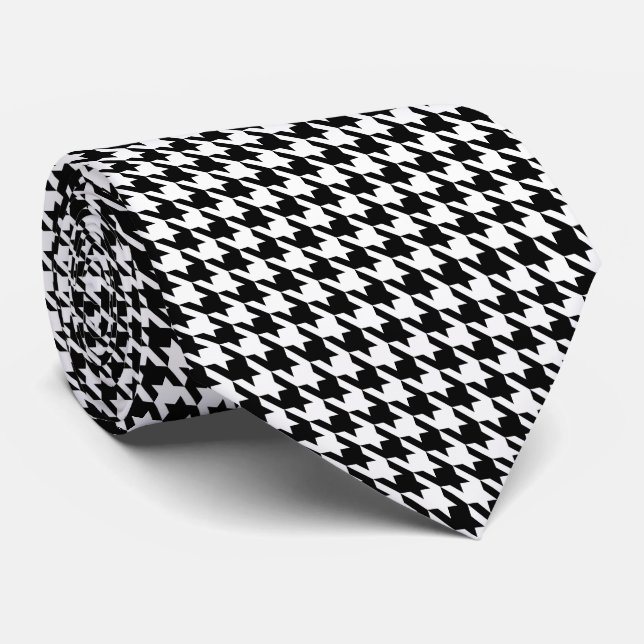 Black White Pied de Poule Small Houndstooth Tie (Rolled)