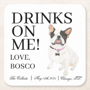 Black White Pied Frenchie French Bulldog Wedding Square Paper Coaster
