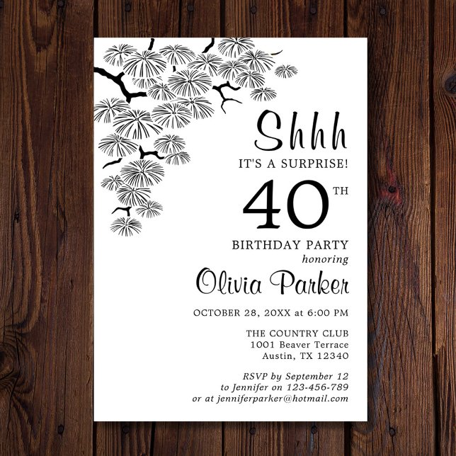 Black White Pine Branch Surprise 40th Birthday Invitation (Creator Uploaded)