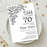 Black White Pine Branch Surprise 70th Birthday Invitation<br><div class="desc">This Black and White Botanical Surprise 70th Birthday Invitation features a minimalist modern design of the Pine Branch and calligraphic script font. Pine branch is drawn in a pen and ink technique. Back of the invitation features white initials on the black background. Simple and elegant invite is perfect for a...</div>