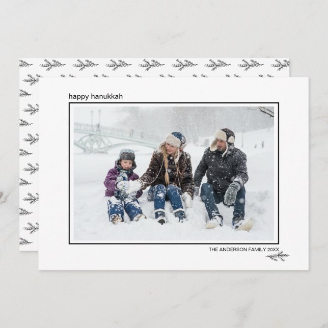 Black & White Pine Needles Happy Hanukkah Family Holiday Card (Front/Back)