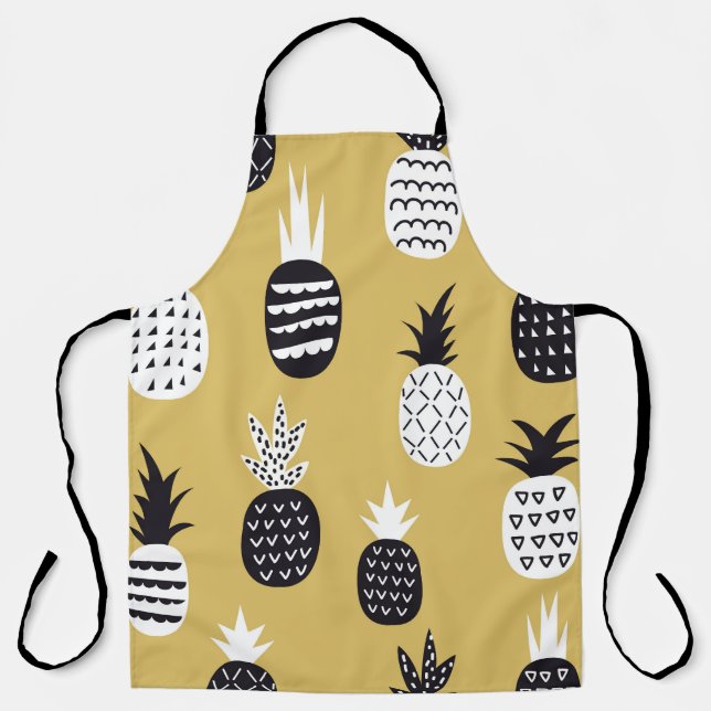 Black, white pineapples, yellow background apron (Front)