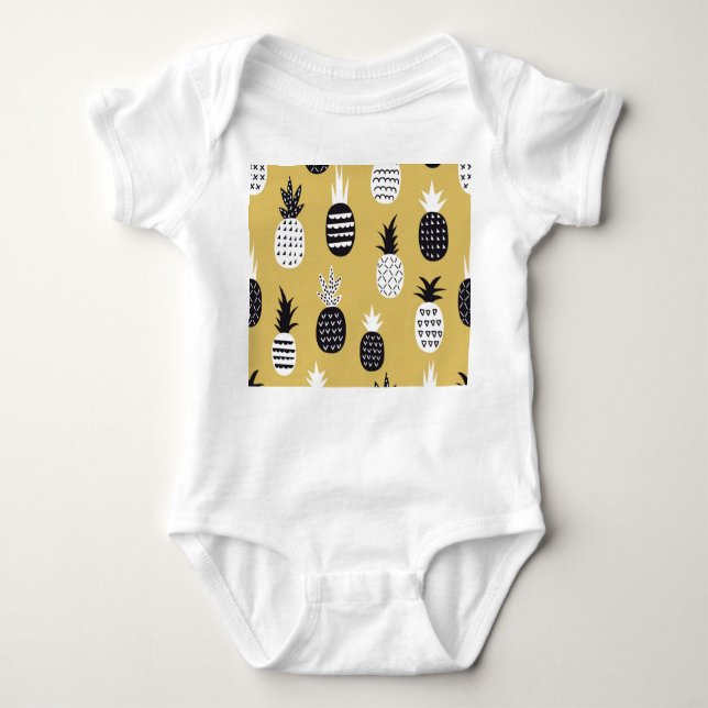 Black, white pineapples, yellow background baby bodysuit (Front)