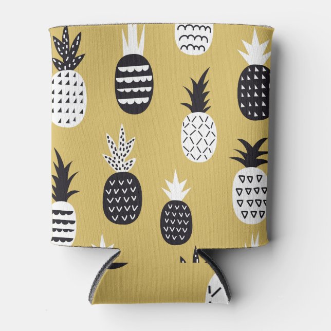 Black, white pineapples, yellow background can cooler (Front)
