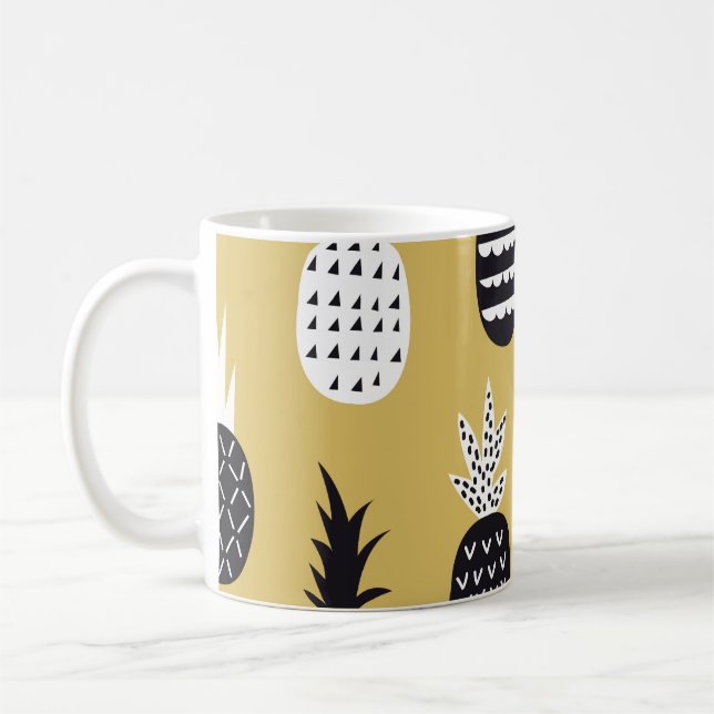 Black, white pineapples, yellow background coffee mug (Left)