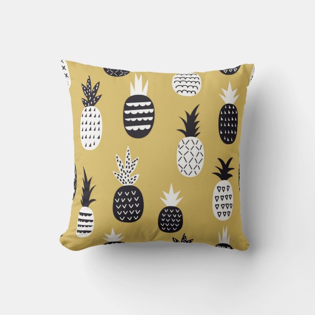 Black, white pineapples, yellow background cushion (Front)