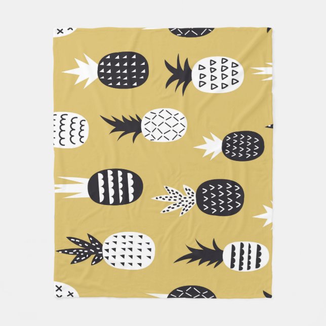 Black, white pineapples, yellow background fleece blanket (Front)