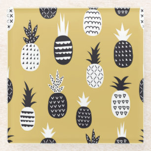 Black, white pineapples, yellow background glass coaster