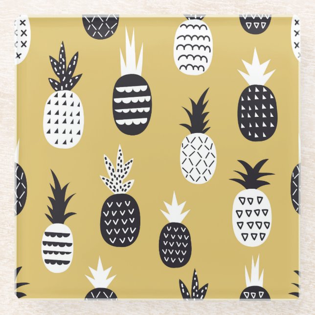 Black, white pineapples, yellow background glass coaster (Front)