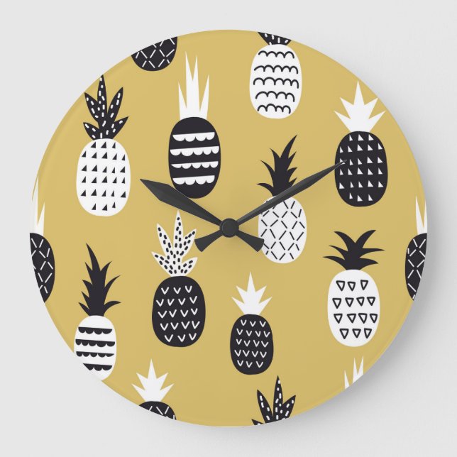 Black, white pineapples, yellow background large clock (Front)
