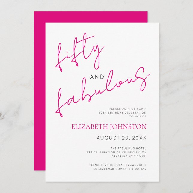 Black White Pink 50 and Fabulous Birthday Minimal Invitation (Front/Back)