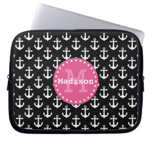 Black White Pink Anchor Pattern Monogram Laptop Sleeve