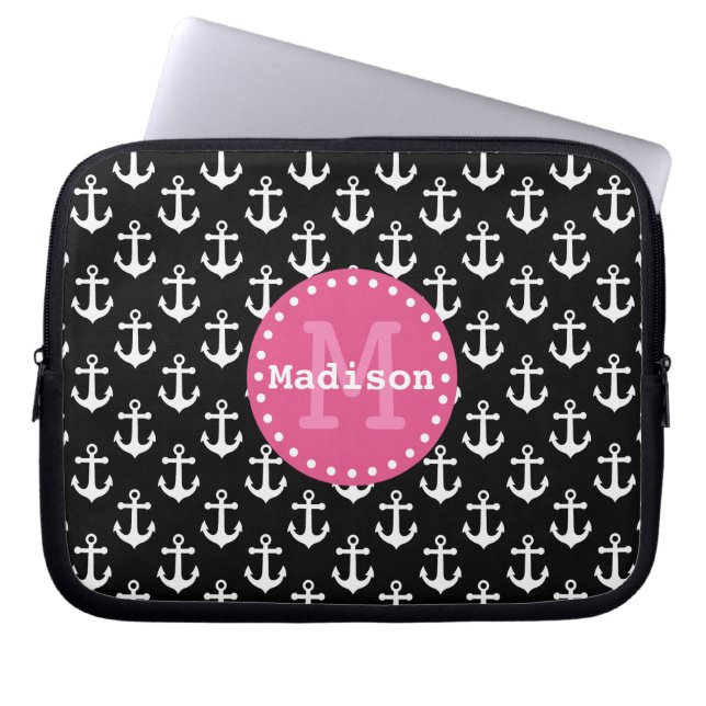Black White Pink Anchor Pattern Monogram Laptop Sleeve (Front)