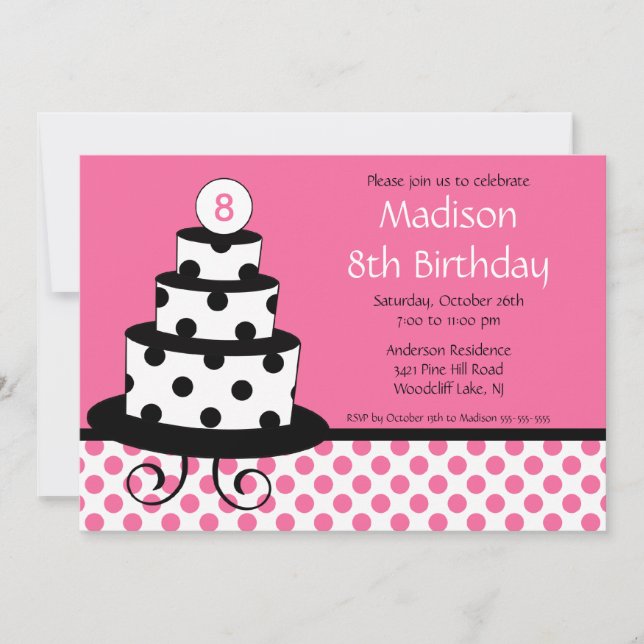 Black, White & Pink Cake Birthday Invitation (Front)
