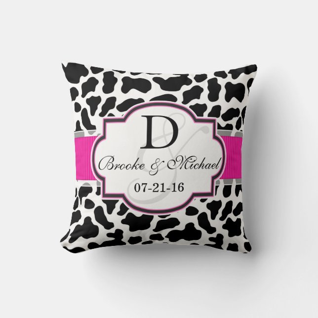 Black, White, & Pink Cowhide Wedding Cushion (Front)
