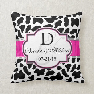 Black, White, & Pink Cowhide Wedding Cushion