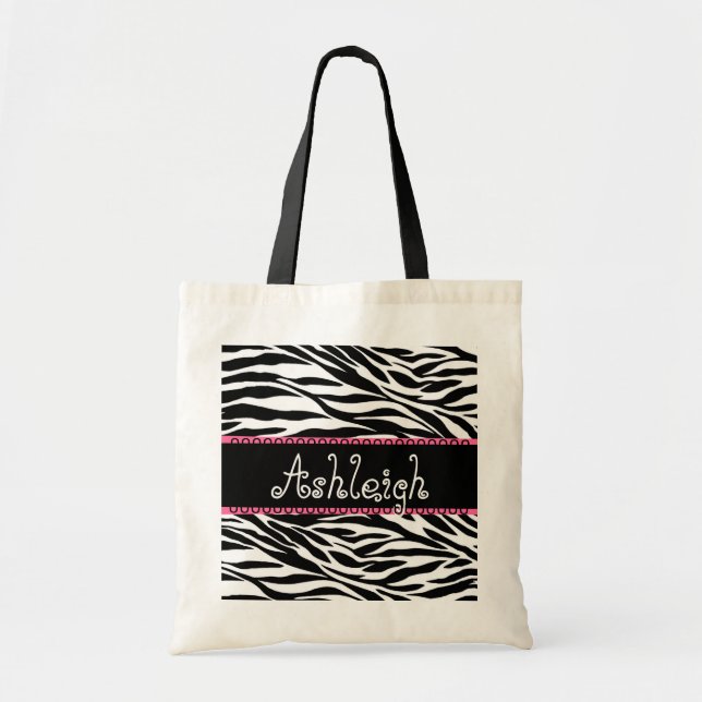 Black White Pink Custom Name Zebra Print Tote Bag (Front)
