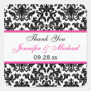 Black White Pink Damask 1.5" Wedding Favour Sticke Square Sticker