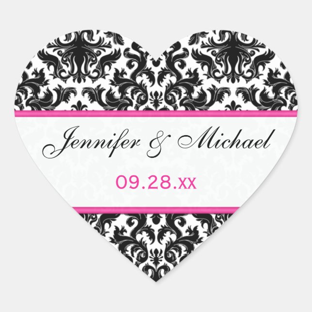 Black White Pink Damask 1.5" Wedding Sticker (Front)