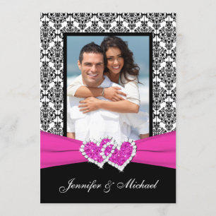 Black White Pink Damask & Hearts Photo Invitation