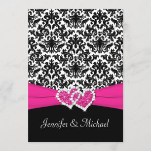 Black White Pink Damask Hearts Wedding Invitation