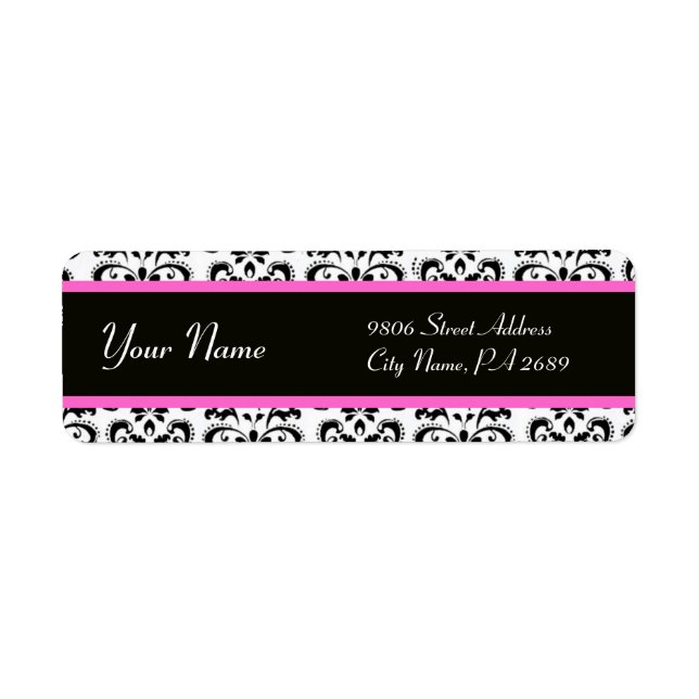 BLACK WHITE PINK DAMASK RETURN ADDRESS LABEL (Front)