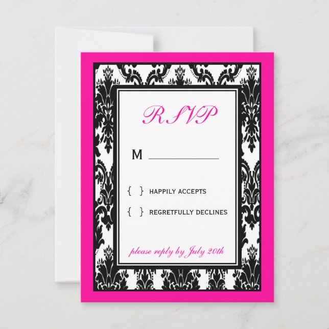 Black White Pink Damask RSVP Card (Front)