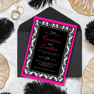 Black White Pink Damask Wedding Invitation