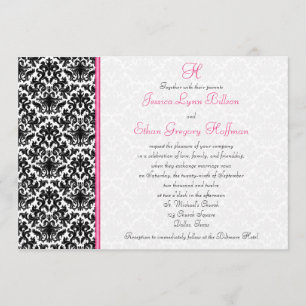 Black, White, Pink Damask Wedding Invitation