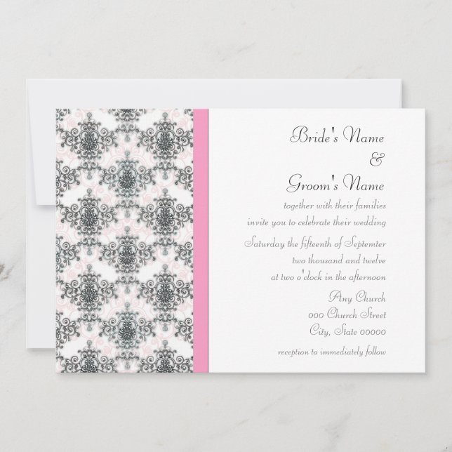 Black White Pink Damask Wedding Invitations (Front)