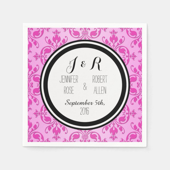 Black White Pink Damask Wedding Napkins (Front)