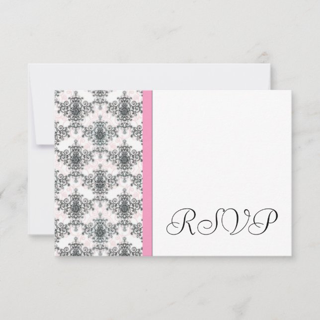 Black White PInk Damask Wedding RSVP Reply Cards (Front)