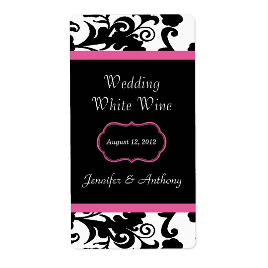 Black, White & Pink Damask Wedding Wine Labels