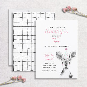 Black & White Pink Deer Girl 2nd Birthday Invitation