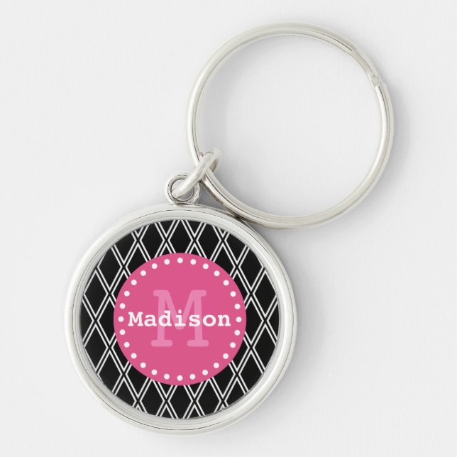 Black White Pink Diamond Pattern Monogram Key Ring (Front)