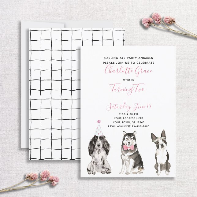 Black White Pink Dog Girl's 2nd Birthday Party Invitation (Creator Uploaded)
