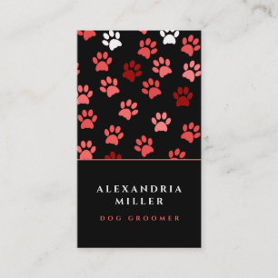 Black White & Pink Dog Paw Prints   Dog Grooming Business Card
