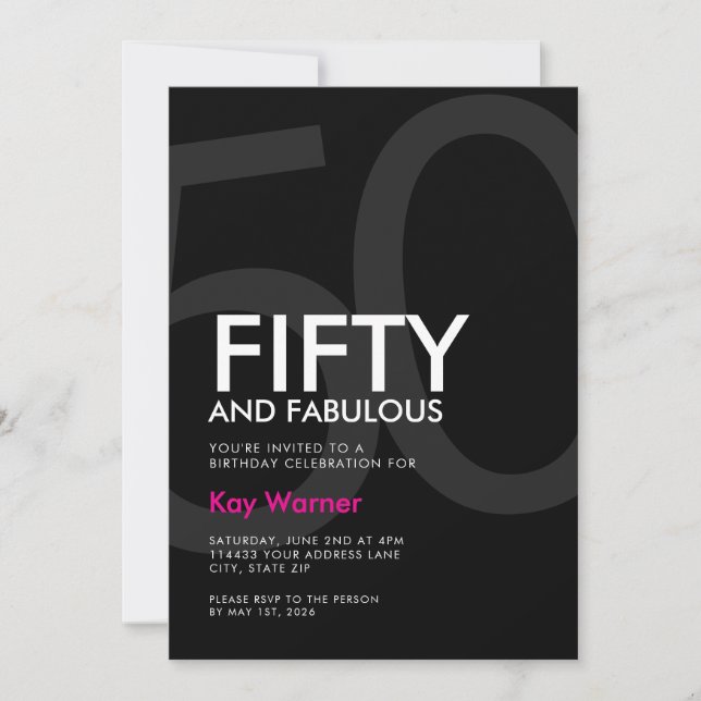 Black White Pink Fifty and Fabulous 50th Birthday Invitation (Front)