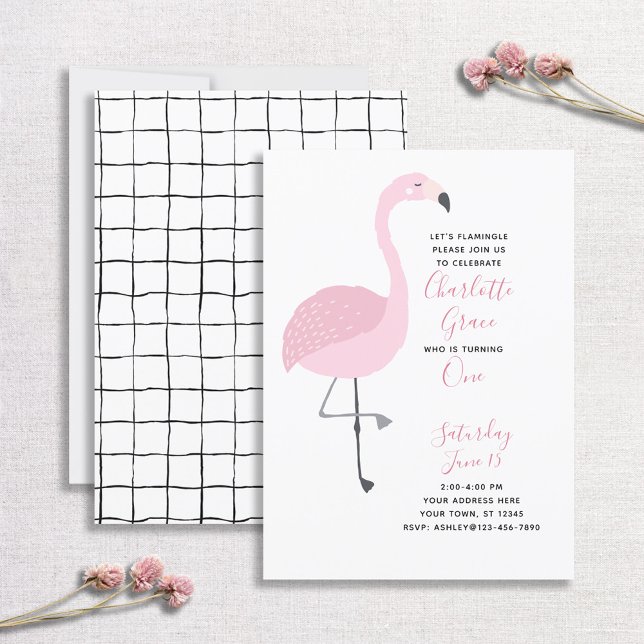 Black White Pink Flamingo 1st Birthday Party Invitation (Creator Uploaded)