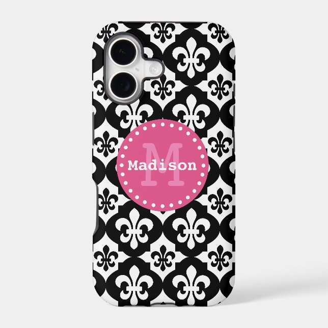 Black White Pink Fleur-De-Lis Pattern Monogram (Back)