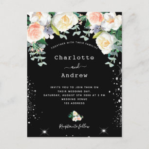 Black white pink florals silver sparkles wedding invitation postcard