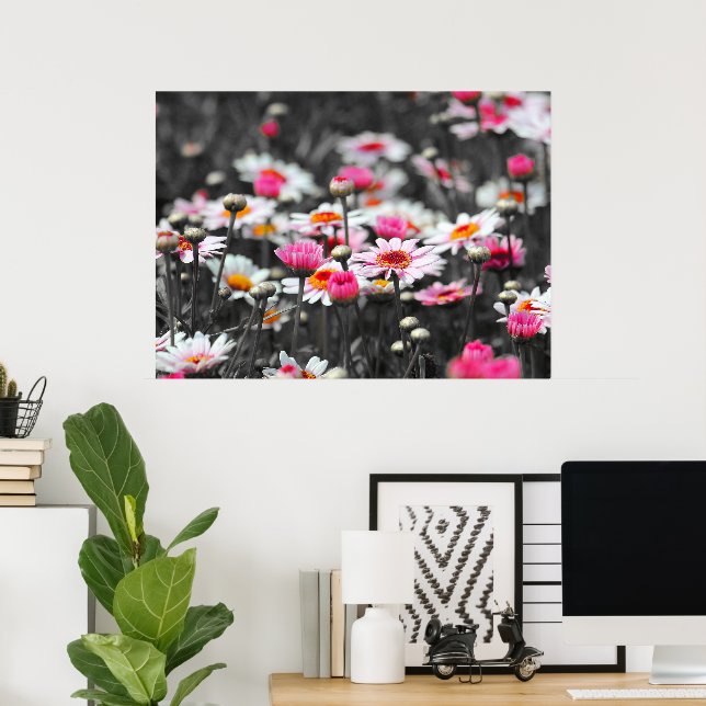 Black White Pink Flower Garden Monochrome  Poster (Home Office)
