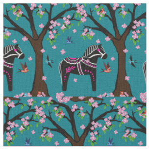 Black/white/pink Folk Dala horse/birds/flowers 2.7 Fabric