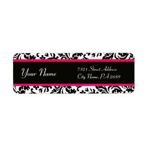 BLACK WHITE PINK FUCHSIA ART NOUVEAU DAMASK RETURN ADDRESS LABEL