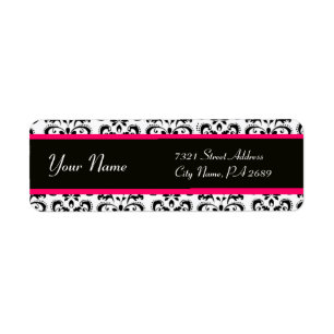 BLACK WHITE PINK FUCHSIA DAMASK RETURN ADDRESS LABEL
