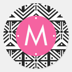 Black White Pink Geometric Tribal Pattern Monogram Classic Round Sticker