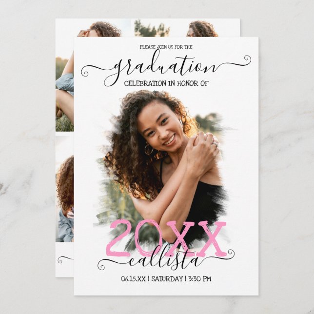 Black White Pink Halo Photo Collage Graduation Invitation (Front/Back)