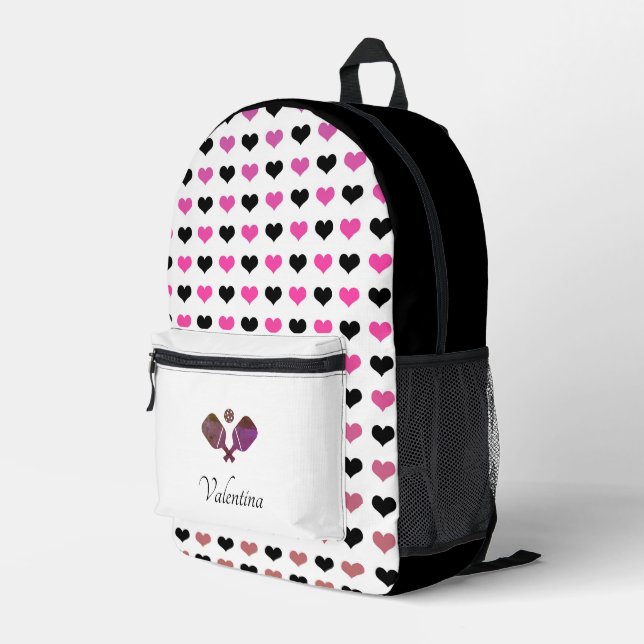 Black White Pink Hearts Pattern Modern Pickleball Printed Backpack (Back Corner Right)